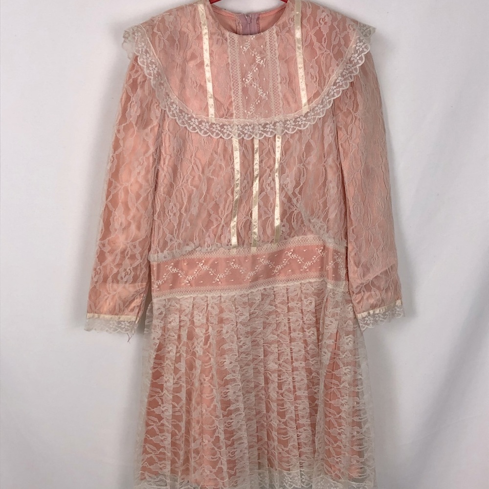 RARE Vintage Gunne Sax Jessica McClintock Pink Lace Sailor Collar Dress
